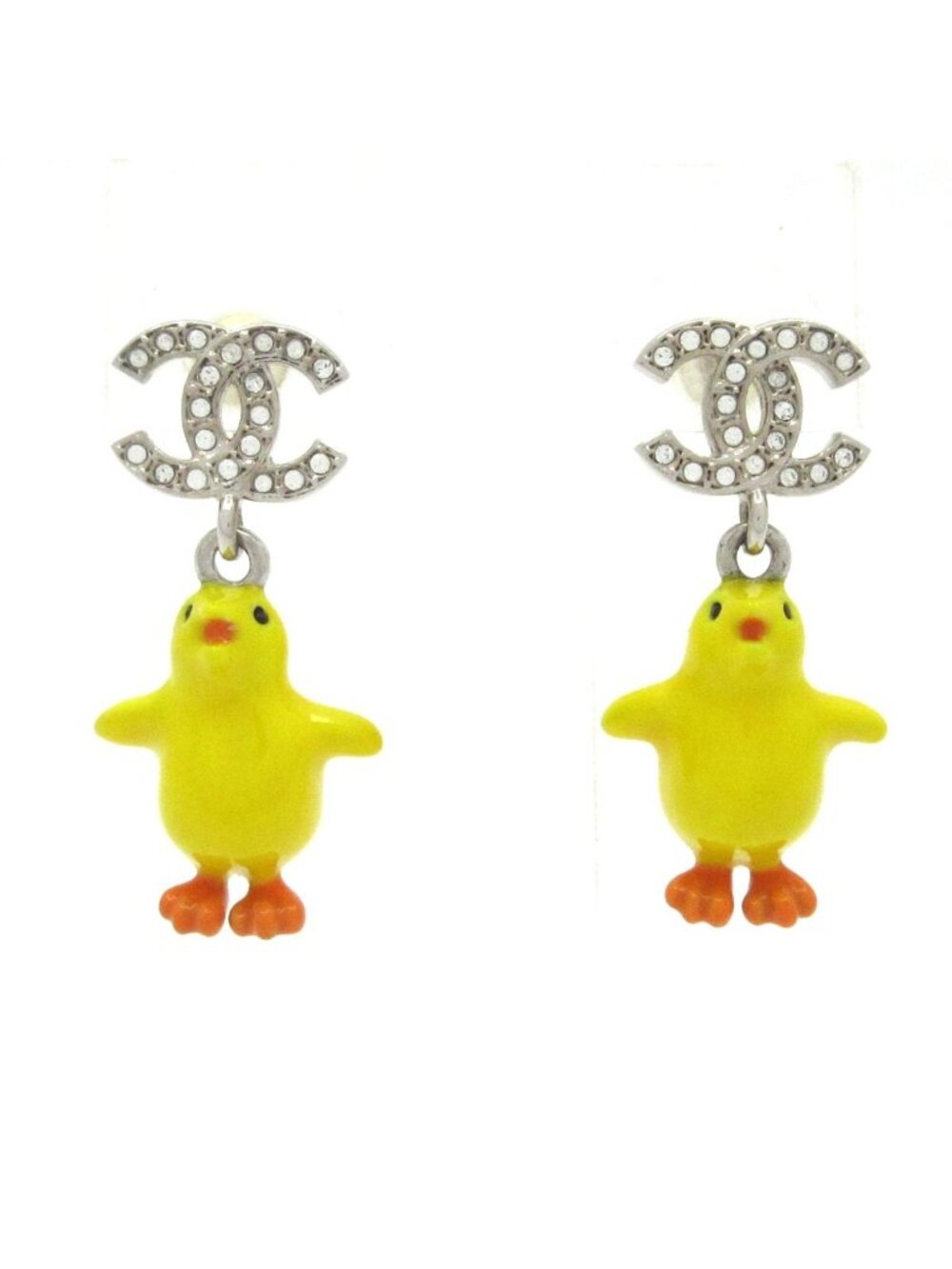 Chanel Earrings Silver Yellow Clear Chick CC Logo
